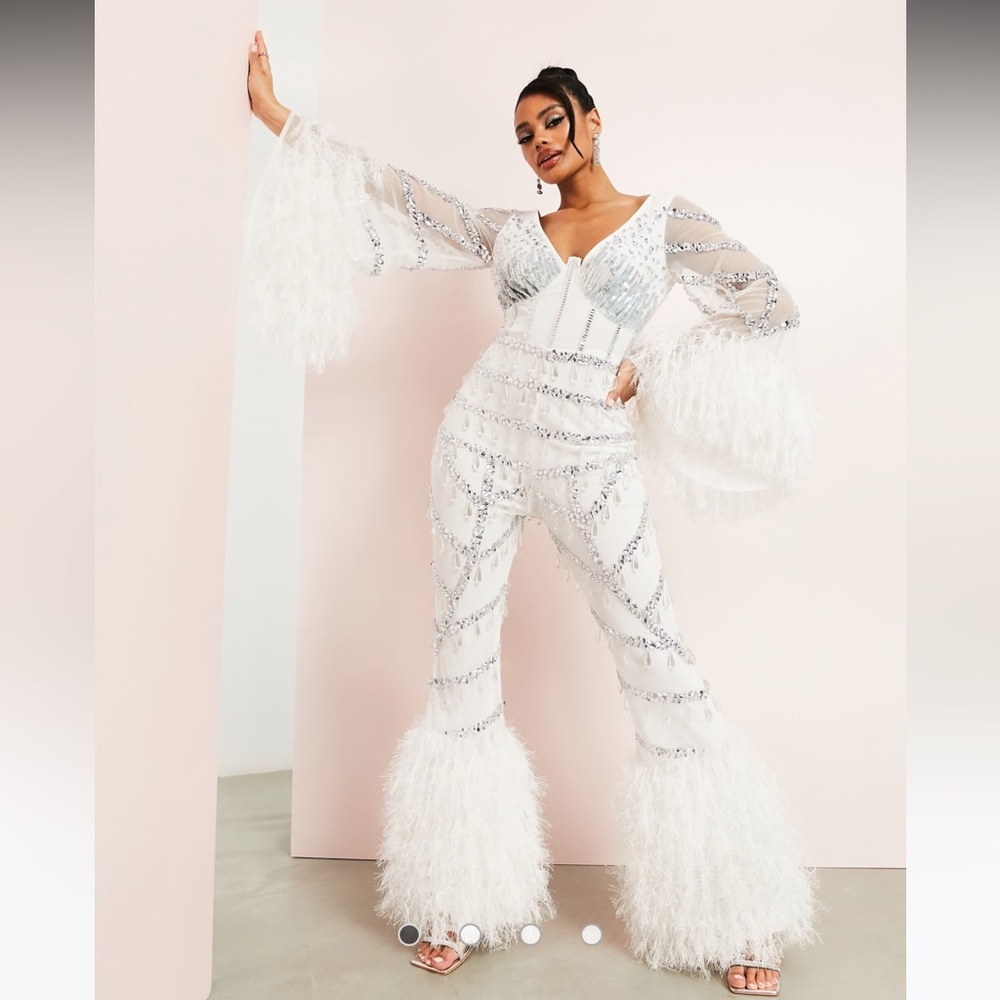 ASOS LUXE embellished wide leg jumpsuit DISCO feather trim detail - CHER
